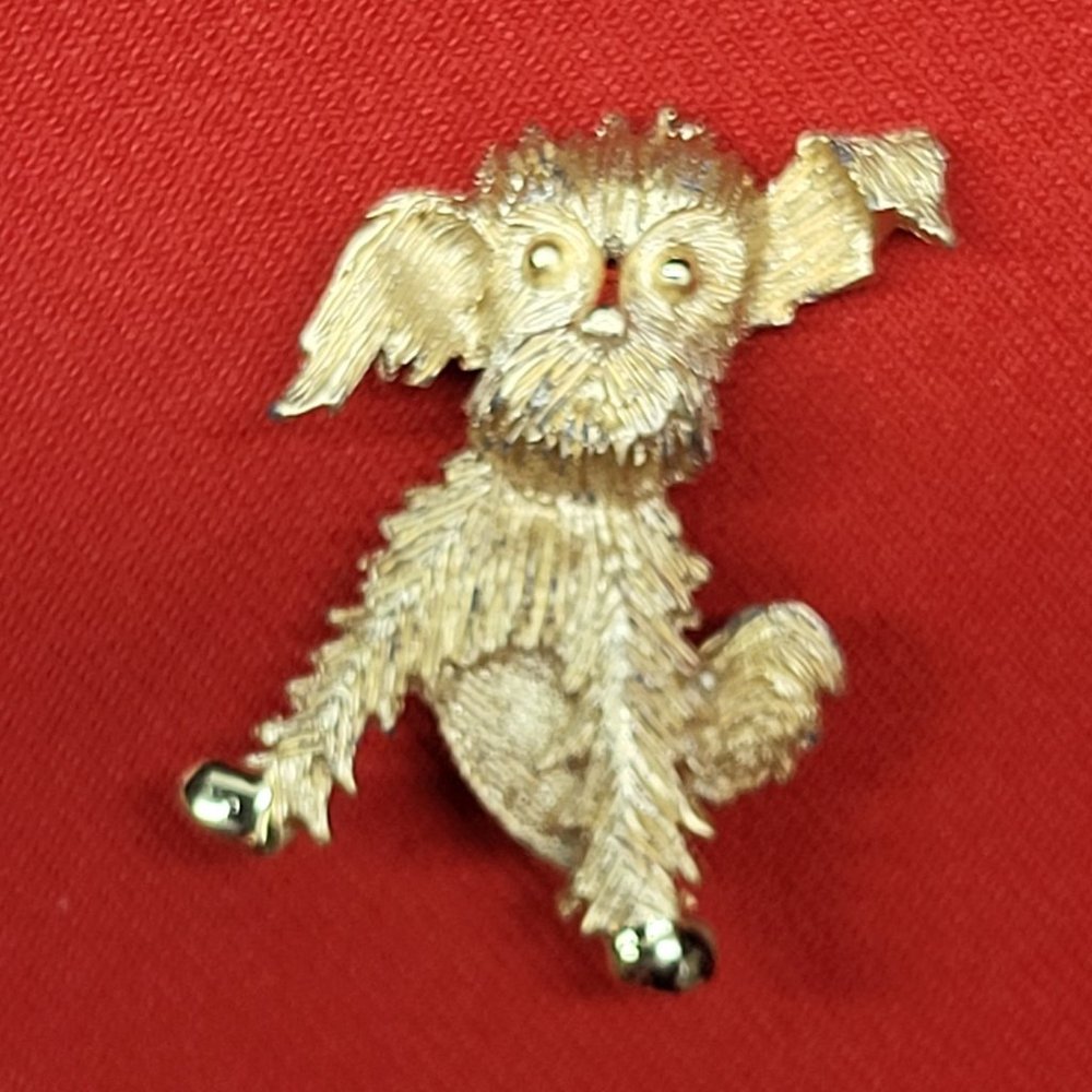 Vintage Floppy Ear Puppy Poodle Scottie Dog Figure Gold Tone Lapel Brooch Pin